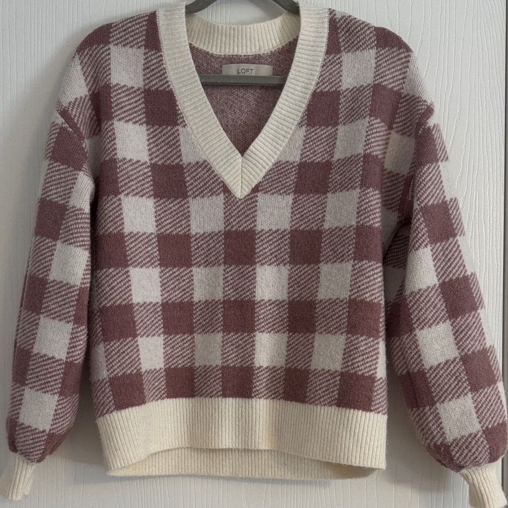 LOFT V-Neck Sweater - Cream and Brown Checkered - XS